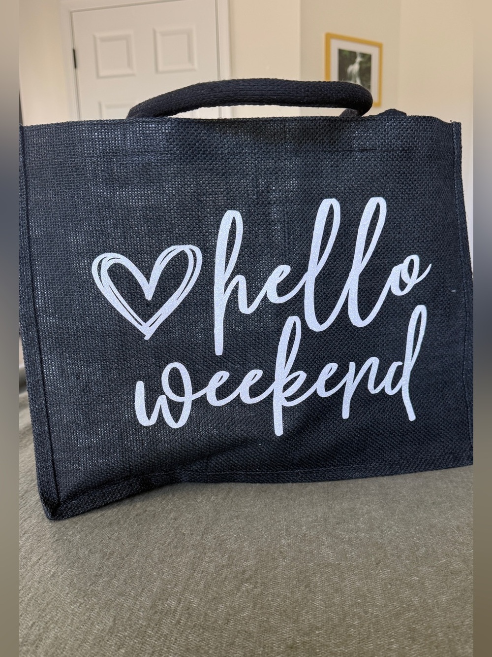Custom Hello Weekend Black Tote Bag with White Script